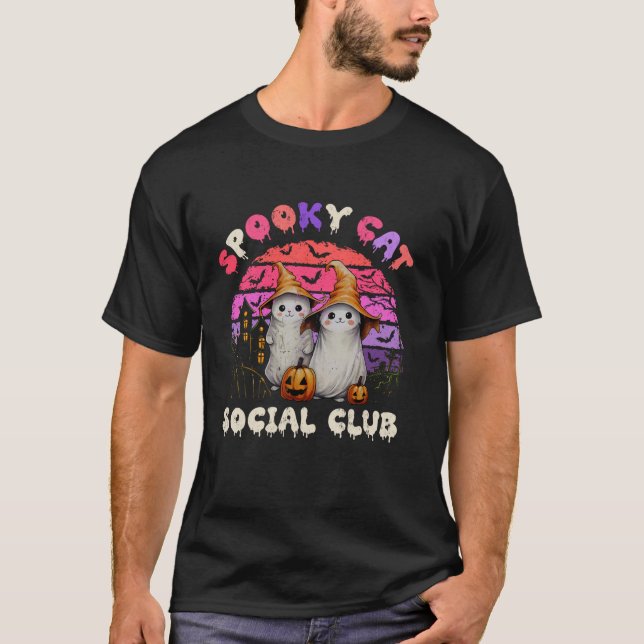 Spooky Cat Social Club Boo Ghost Black Cats Hallow T-Shirt (Front)