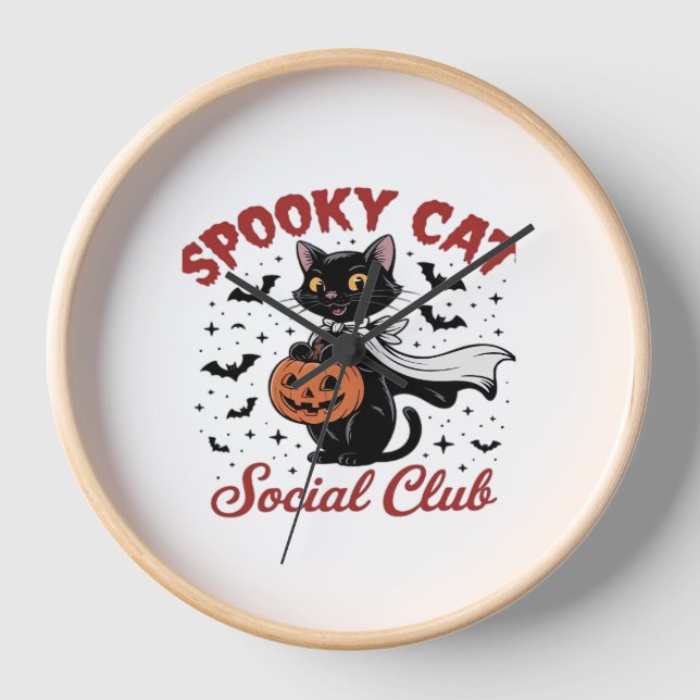 Spooky Cat Social Club PNG - Cute Halloween Classi Clock (Front)