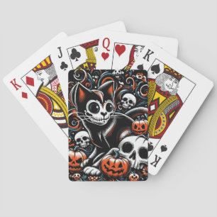 Spooky Cat with Skulls Playing Cards
