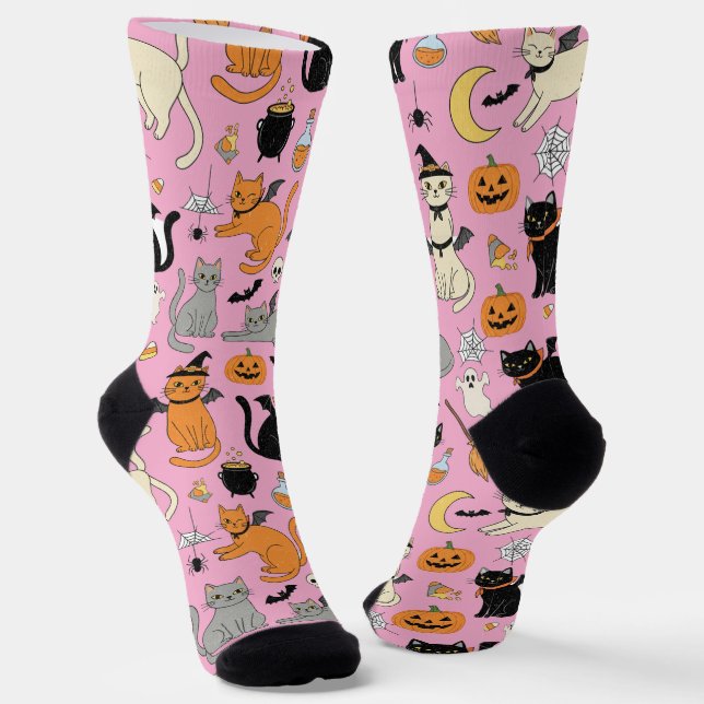 Spooky Cats Halloween Pattern Socks (Angled)