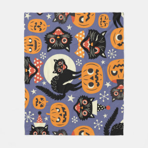 Spooky Cats Pumpkins Purple Pattern Fleece Blanket