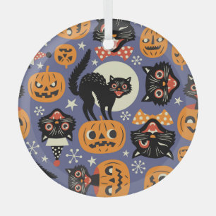 Spooky Cats Pumpkins Purple Pattern Glass Tree Decoration