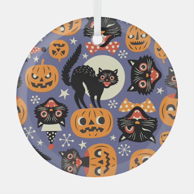 Spooky Cats Pumpkins Purple Pattern Glass Tree Decoration (Front)