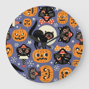 Spooky Cats Pumpkins Purple Pattern Large Clock
