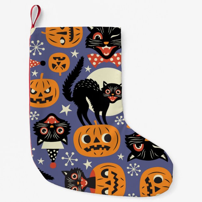 Spooky Cats Pumpkins Purple Pattern Small Christmas Stocking (Front)