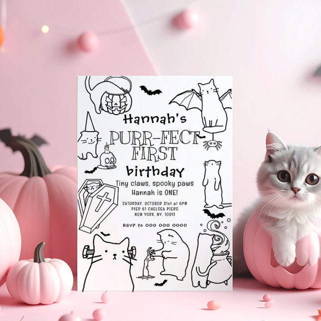 Spooky Cats themed First Birthday Party Invitation (Creator Uploaded)