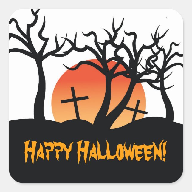 Spooky Cemetery Happy Halloween Postage Stamp Square Sticker (Front)