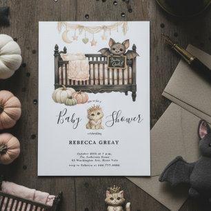 Spooky Chic Gothic Bat & Kitten Baby Girl Shower  Invitation