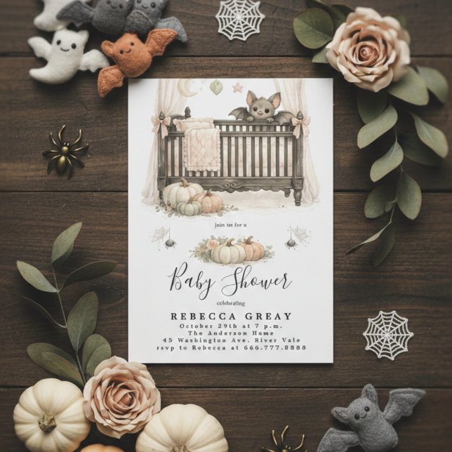 Spooky Chic Gothic Bat & Pumpkins Baby Shower Invitation (Creator Uploaded)