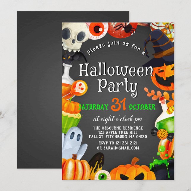 Spooky Chic Wicked Witch Halloween Pumpkin Party Invitation (Front/Back)