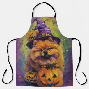 Spooky Chow Chow Dog Halloween Witch And Pumpkin  Apron