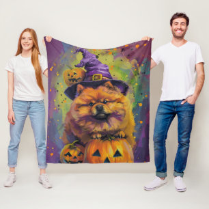 Spooky Chow Chow Dog Halloween Witch And Pumpkin  Fleece Blanket