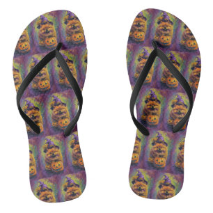 Spooky Chow Chow Dog Halloween Witch And Pumpkin  Flip Flops