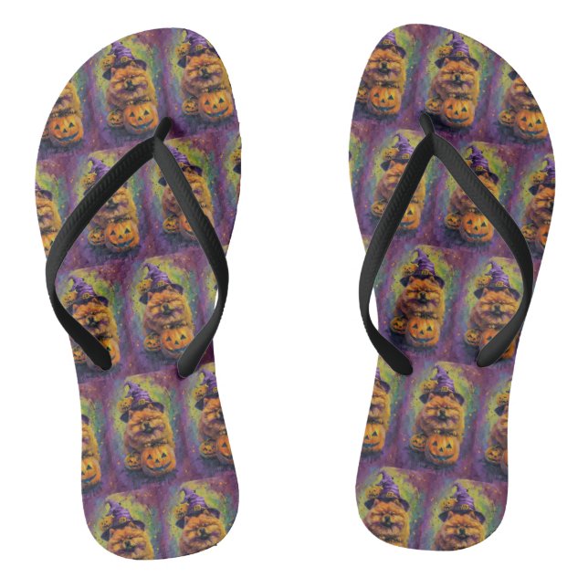 Spooky Chow Chow Dog Halloween Witch And Pumpkin  Flip Flops (Footbed)