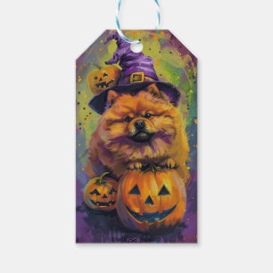 Spooky Chow Chow Dog Halloween Witch And Pumpkin Gift Tags