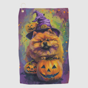 Spooky Chow Chow Dog Halloween Witch And Pumpkin  Golf Towel