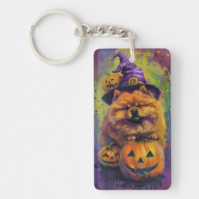 Spooky Chow Chow Dog Halloween Witch And Pumpkin  Key Ring (Front)