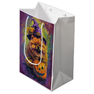 Spooky Chow Chow Dog Halloween Witch And Pumpkin Medium Gift Bag