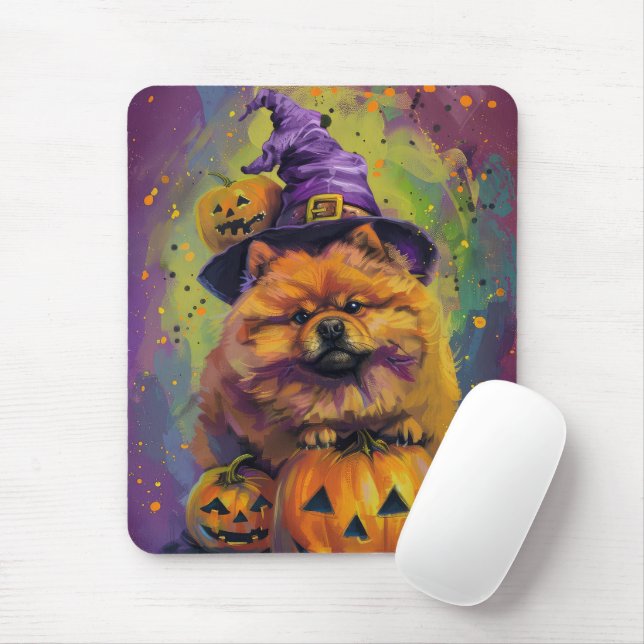 Spooky Chow Chow Dog Halloween Witch And Pumpkin  Mouse Mat (With Mouse)