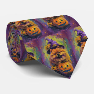 Spooky Chow Chow Dog Halloween Witch And Pumpkin  Tie
