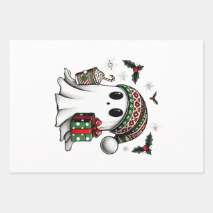 Spooky Christmas Halloween Ghost Santa Hat Wrapping Paper Sheet