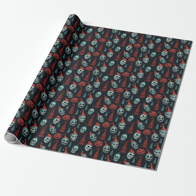Spooky Christmas Halloween Skulls Wrapping Paper (Unrolled)