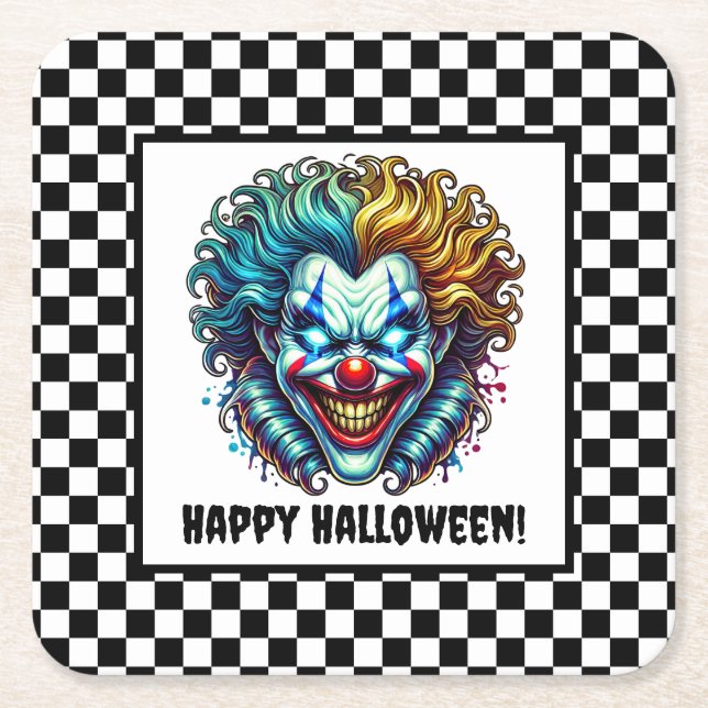 Spooky Clown Face Halloween Paper Coaster (Front)
