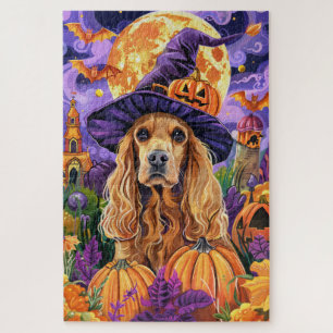 Spooky Cocker Spaniel Dog Halloween Witch Pumpkin Jigsaw Puzzle