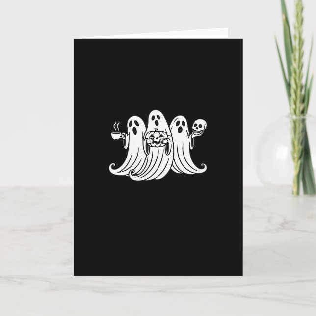 Spooky Coffee Sipping Pumpkin Holding Card (Front)