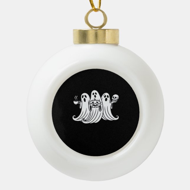 Spooky Coffee-Sipping Pumpkin-Holding Skull-Displa Ceramic Ball Christmas Ornament (Front)