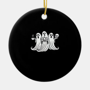 Spooky Coffee-Sipping Pumpkin-Holding Skull-Displa Ceramic Tree Decoration