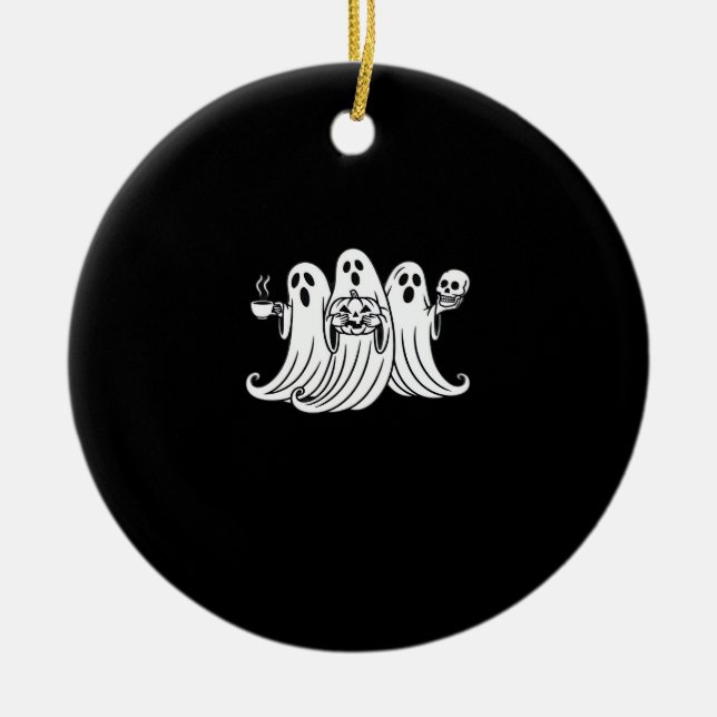 Spooky Coffee-Sipping Pumpkin-Holding Skull-Displa Ceramic Tree Decoration (Front)