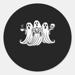 Spooky Coffee-Sipping Pumpkin-Holding Skull-Displa Classic Round Sticker