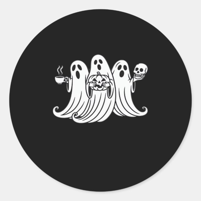 Spooky Coffee-Sipping Pumpkin-Holding Skull-Displa Classic Round Sticker (Front)
