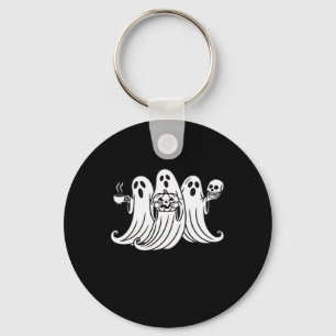 Spooky Coffee-Sipping Pumpkin-Holding Skull-Displa Key Ring