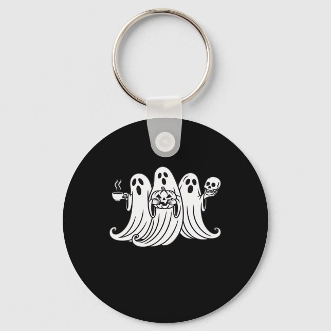 Spooky Coffee-Sipping Pumpkin-Holding Skull-Displa Key Ring (Front)