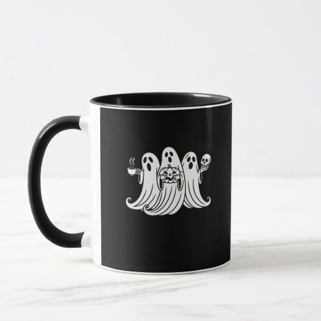 Spooky Coffee-Sipping Pumpkin-Holding Skull-Displa Mug (Left)