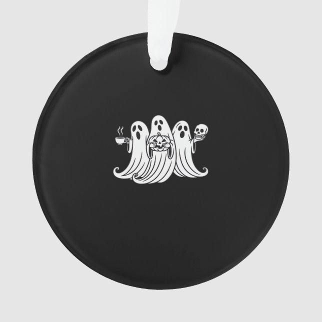 Spooky Coffee-Sipping Pumpkin-Holding Skull-Displa Ornament (Front)