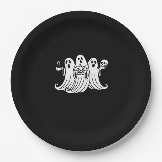 Spooky Coffee-Sipping Pumpkin-Holding Skull-Displa Paper Plate (Front)
