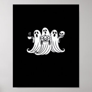 Spooky Coffee-Sipping Pumpkin-Holding Skull-Displa Poster