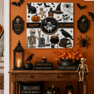 Spooky Collage Halloween Décor Ghosts, Skeleton Square Wall Clock