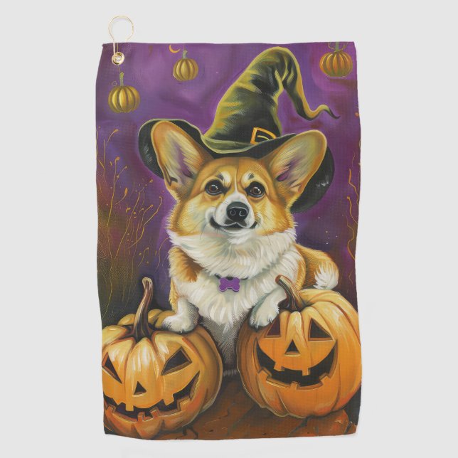Spooky Corgi Dog Halloween Witch Pumpkin Golf Towel (Front)