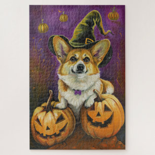 Spooky Corgi Dog Halloween Witch Pumpkin Jigsaw Puzzle