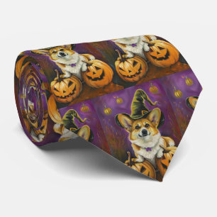 Spooky Corgi Dog Halloween Witch Pumpkin Tie