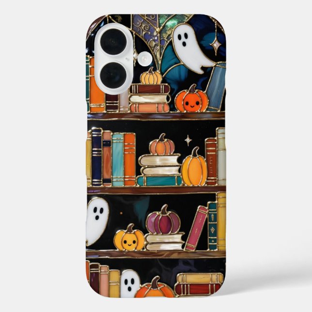 Spooky Cosy iPhone Case Pumpkin Bookshelf Design (Back)