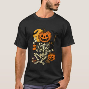 Spooky Cosy Pumpkin Skeleton Cat Coffee Trick or T T-Shirt