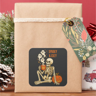Spooky Cosy Skeleton Pumpkin Coffee Halloween Square Sticker