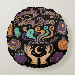 Spooky Cosy Witchy Brews Cute Halloween Aesthet Round Cushion