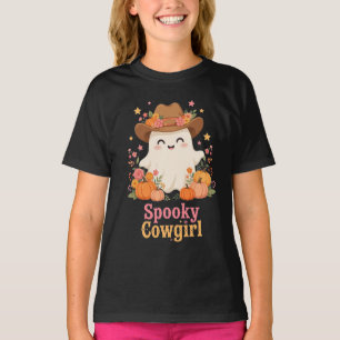 Spooky Cowgirl Ghost Pink Blue Pumpkin Cowboy Art T-Shirt