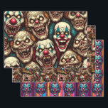 Spooky Creepy Clown Zombie Abandoned Carnival Wrapping Paper Sheet<br><div class="desc">Here is some ai art depicting some creepy scary clowns with sharp teeth at abandoned carnivals birthday or Halloween gift wrap.</div>